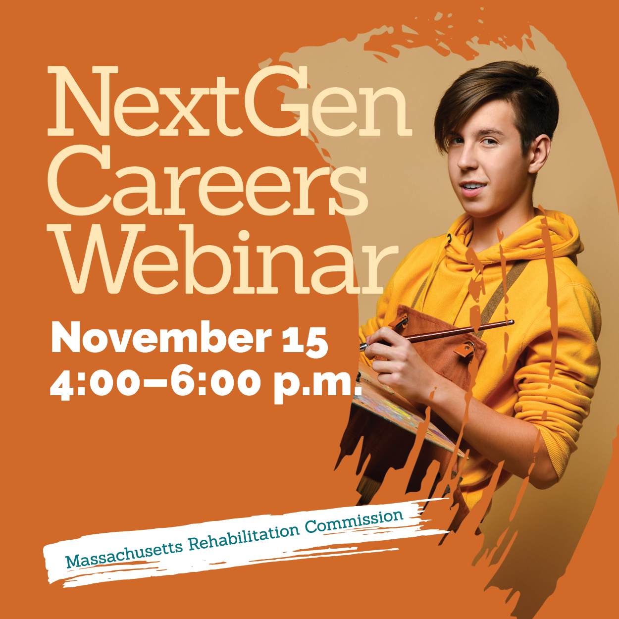 Orange banner promoting the webinar with a boy in an orange hoodie