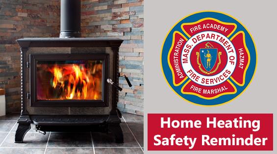 Picture of a woodstove with the words "home heating safety reminder"