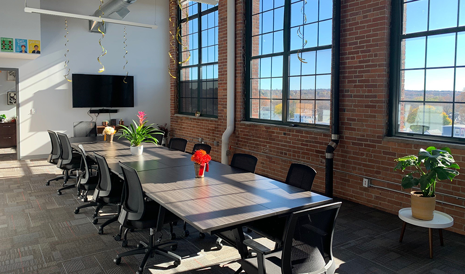 A conference table at the Lawrence Community Justice Support Center