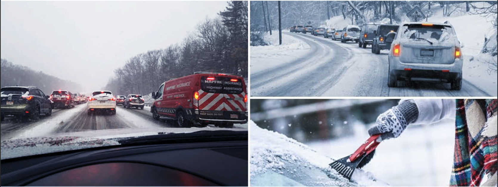 Cars and plows driving in snow and winter conditions 