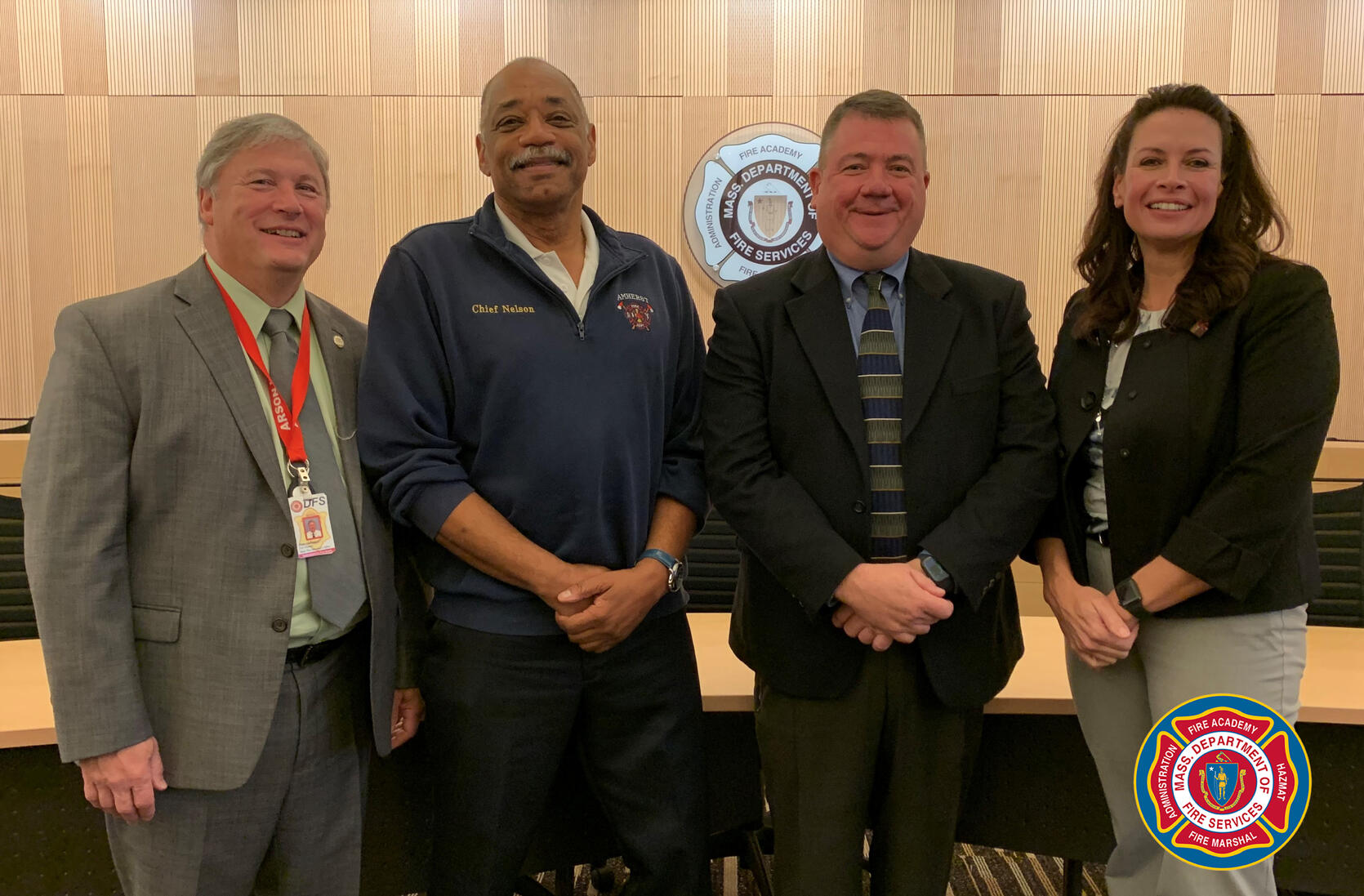 State Fire Marshal Peter Ostroskey; Amherst Fire Chief and Fire Training Council Chair W. Tim Nelson; new MFA Director Jeffrey P. Winn; and Deputy State Fire Marshal Maribel Fournier
