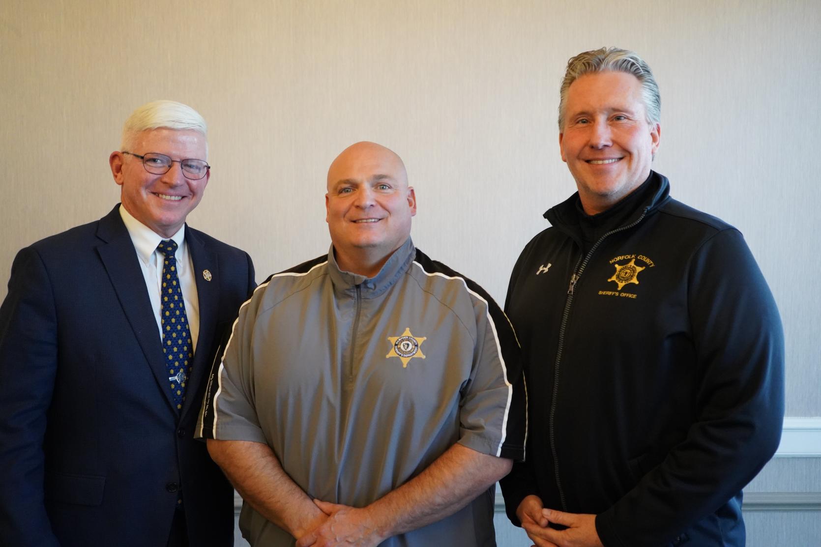 The new President Sheriff Nicholas Cocchi (center), Vice President Sheriff Patrick McDermott (right), and Associate Vice President Sheriff Robert Ogden (left) are pictured together following the Massachusetts Sheriffs’ Association December meeting held on December 8, 2022 at Hotel 1620 Plymouth Harbor in Plymouth, Massachusetts.