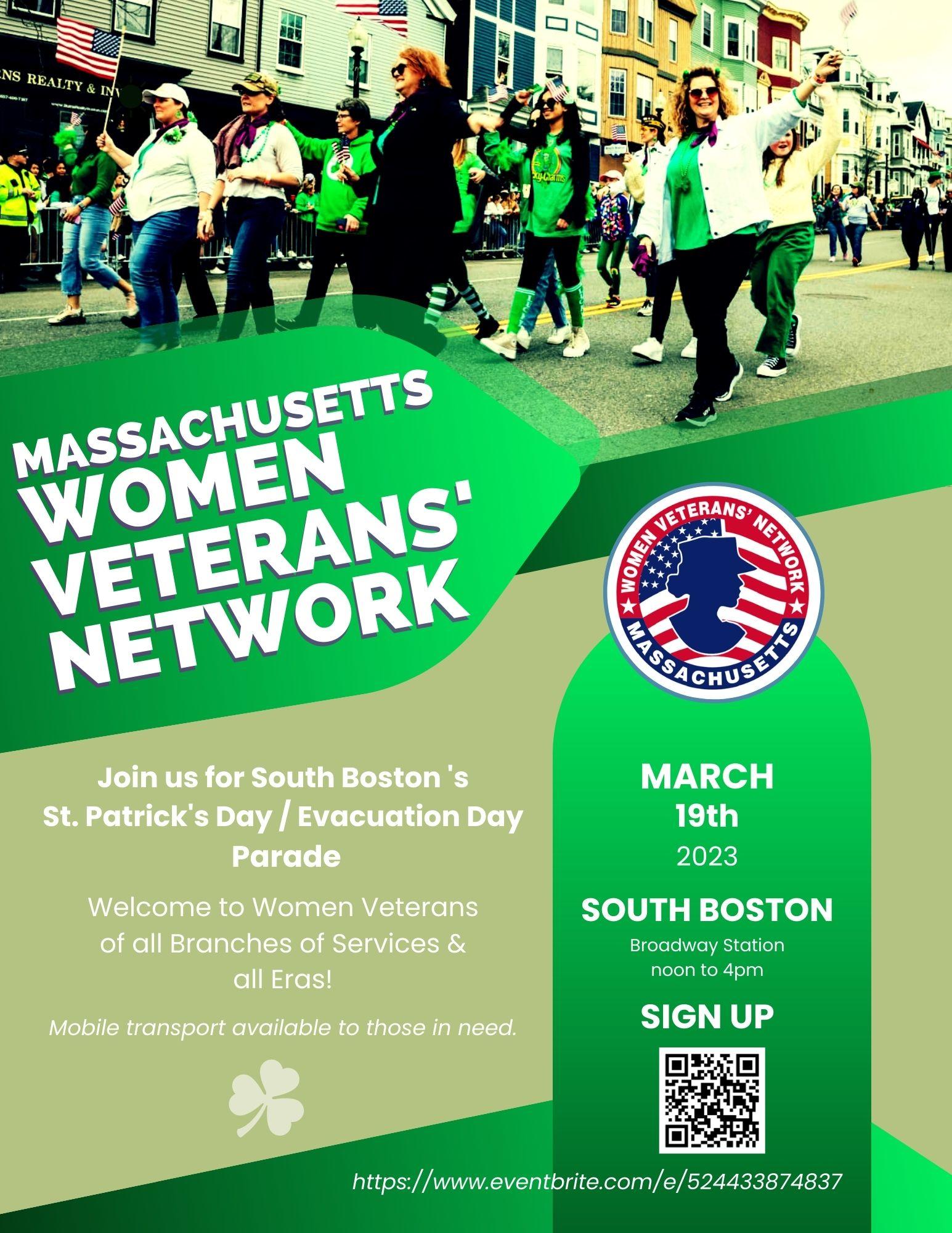 Flier inviting women veterans to register and walk in the South Boston St. Patrick's Day Parade on March 19th, 2023.