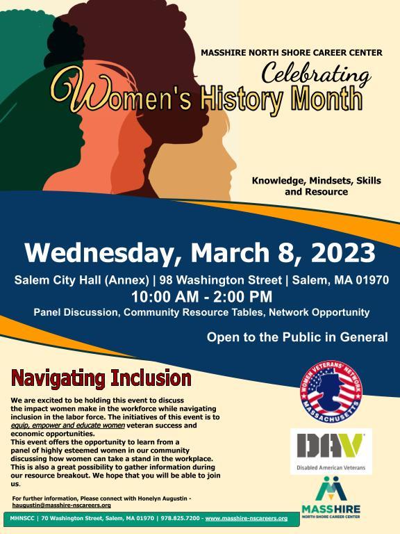 Event flier for the Wednesday, March 8, 2023 MassHire North Shore Career Center's Women History Month Event.