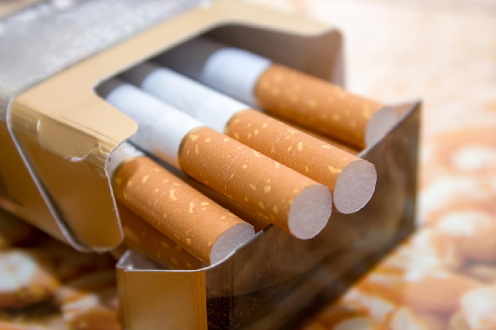 Photo of cigarettes in a package with an up close view