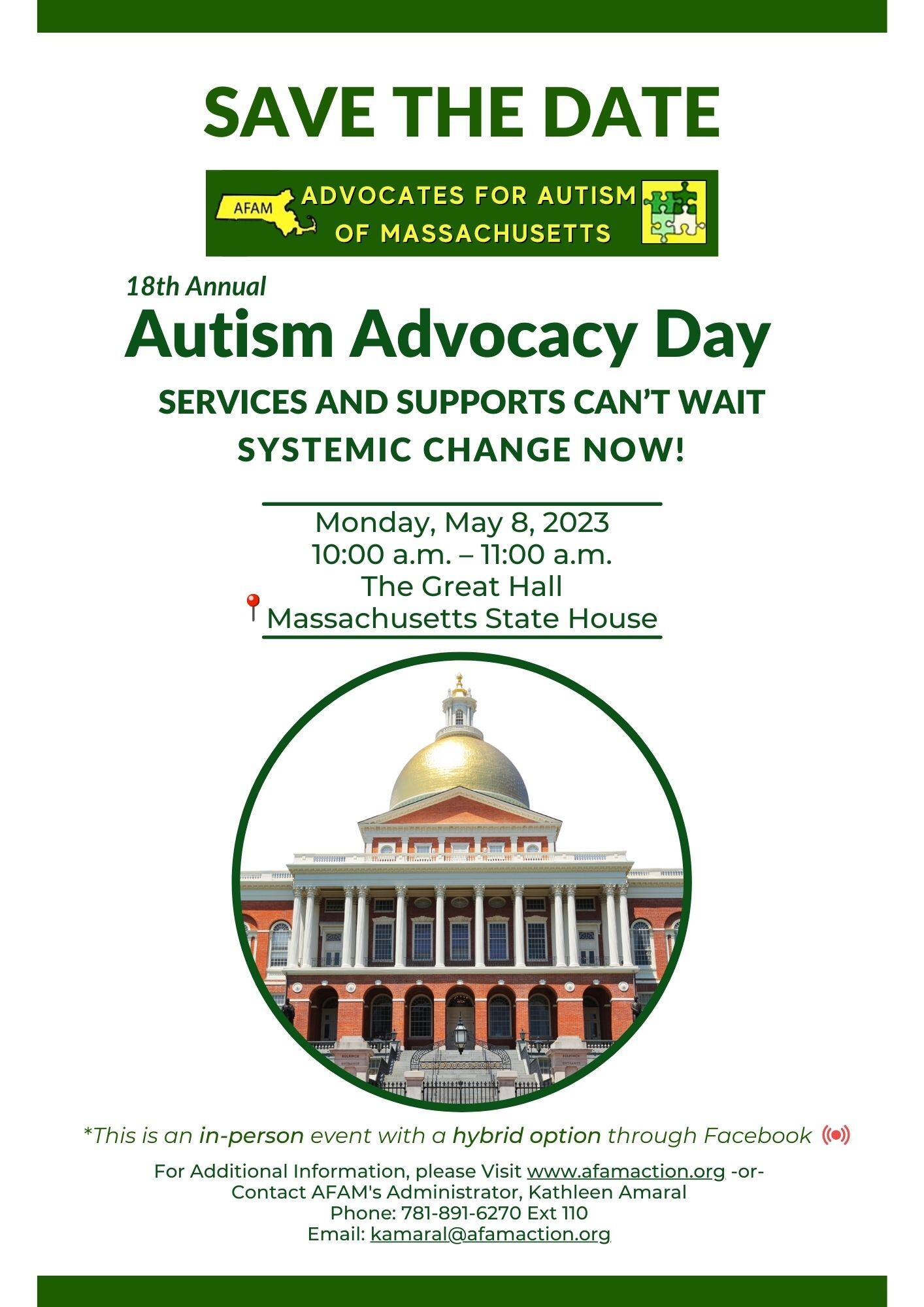 Autism Advocacy Day from Advocates for Autism of Massachusetts Monday, May 8th 10am -11am