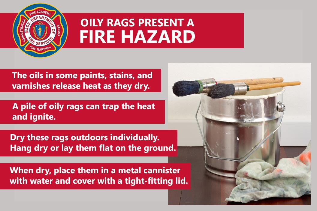 Photo of paint can, rags, and brushes with the words "Oily rags present a fire hazard"