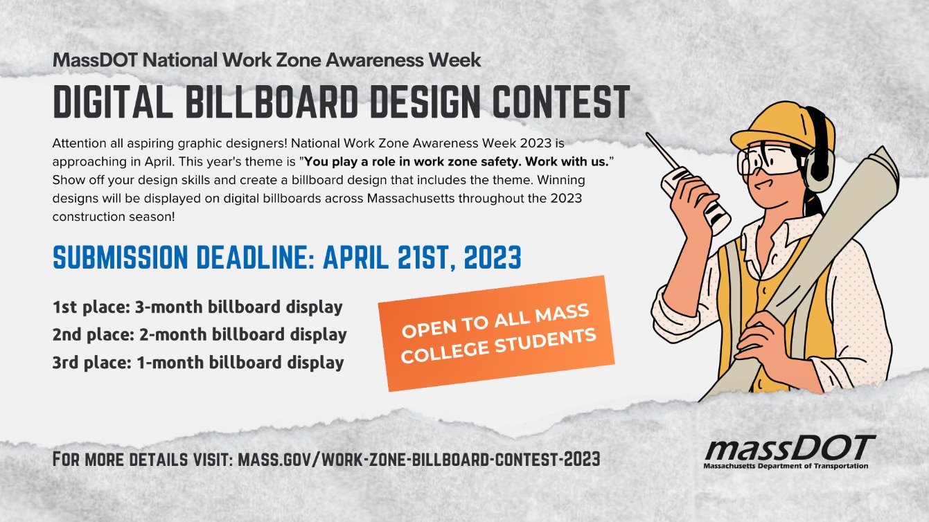 Digital Billboard Design Contest graphic. The contest is open to all Massachusetts college students, and the submission deadline is April 21, 2023. 