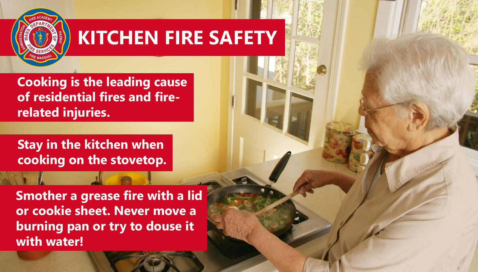 Photo of a woman cooking and text reading "kitchen fire safety" with safety tips