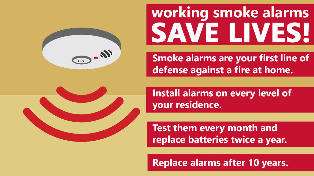 Picture of a smoke alarm with the words "Working smoke alarms save lives" and safety tips