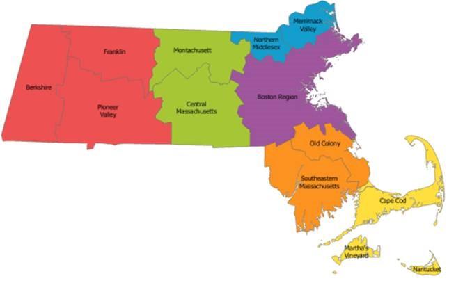 Map of Massachusetts with 5 CIP regions outlined. 