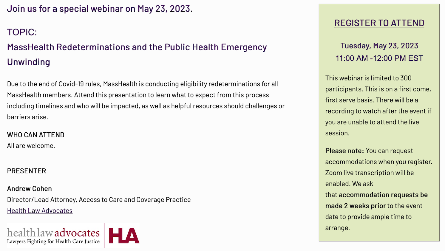 Masshealth Redeterminations Webinar May 23,2023 11 AM EST Virtual 