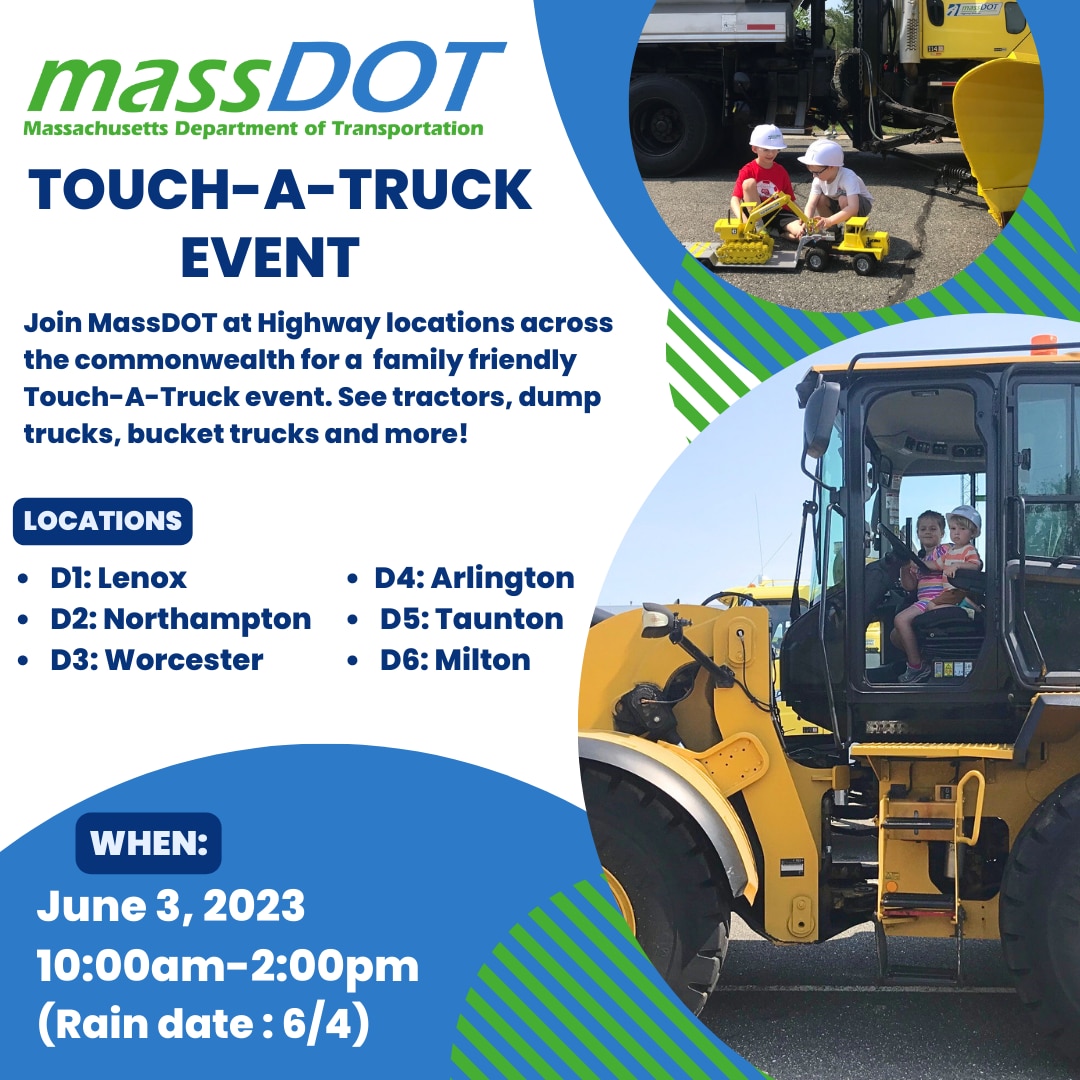MassDOT Touch-A-Truck Event Flyer with date, time, locations, and photos of trucks