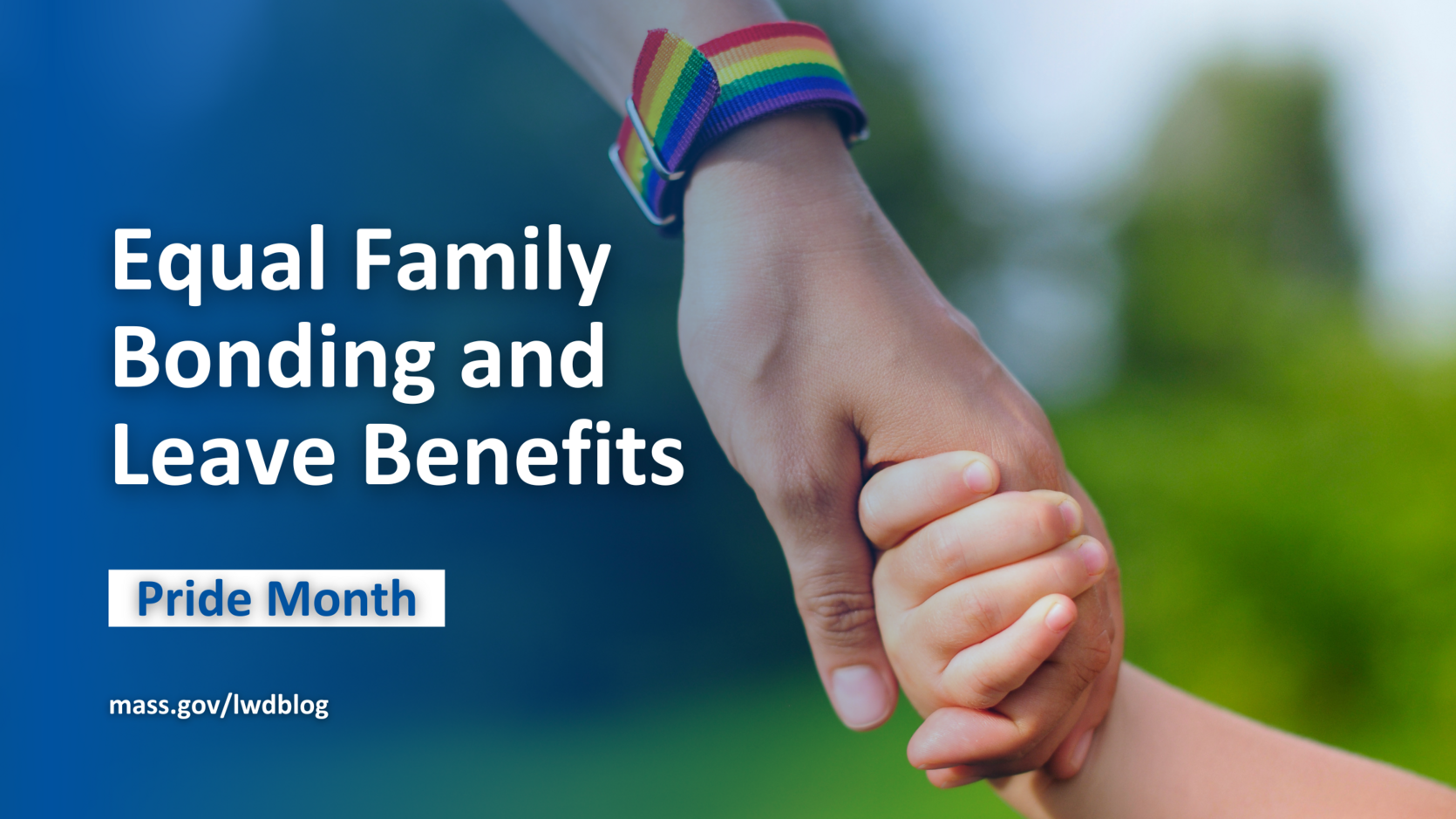 Parent and child holding hand. Parent is wearing a bracelet with Pride colors. 