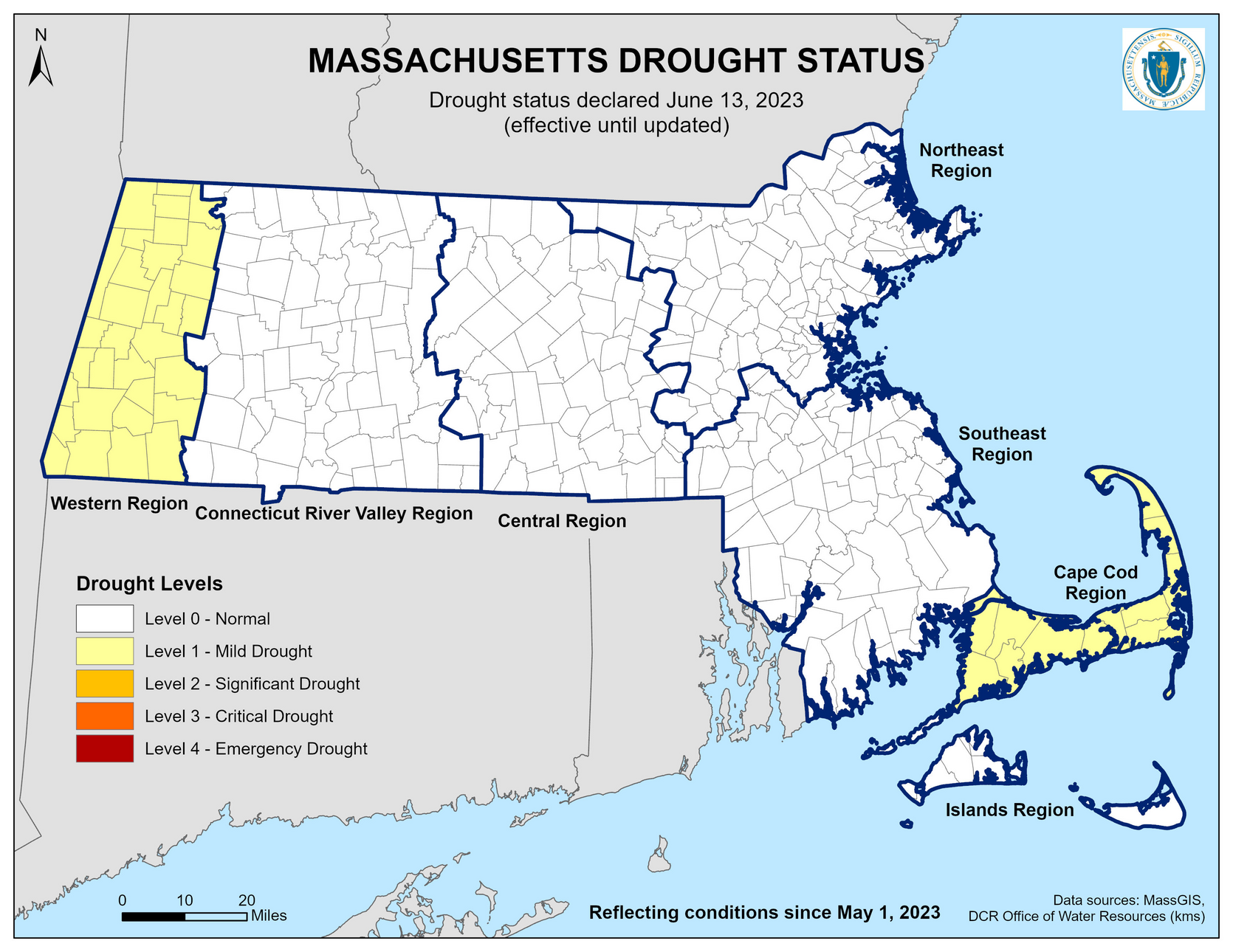 Map shows Massachusetts Regions experiencing drought conditions.