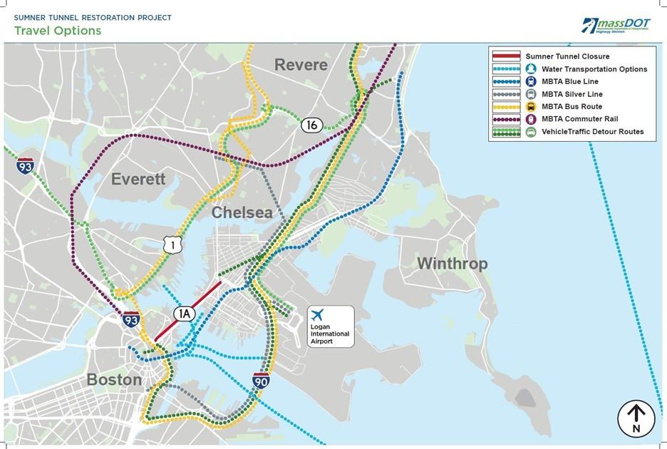 Sumner Tunnel project regional metro Boston Map with all alternative transportation options and detour routes including MBTA service, Commuter Rail, Bus, and Ferry.