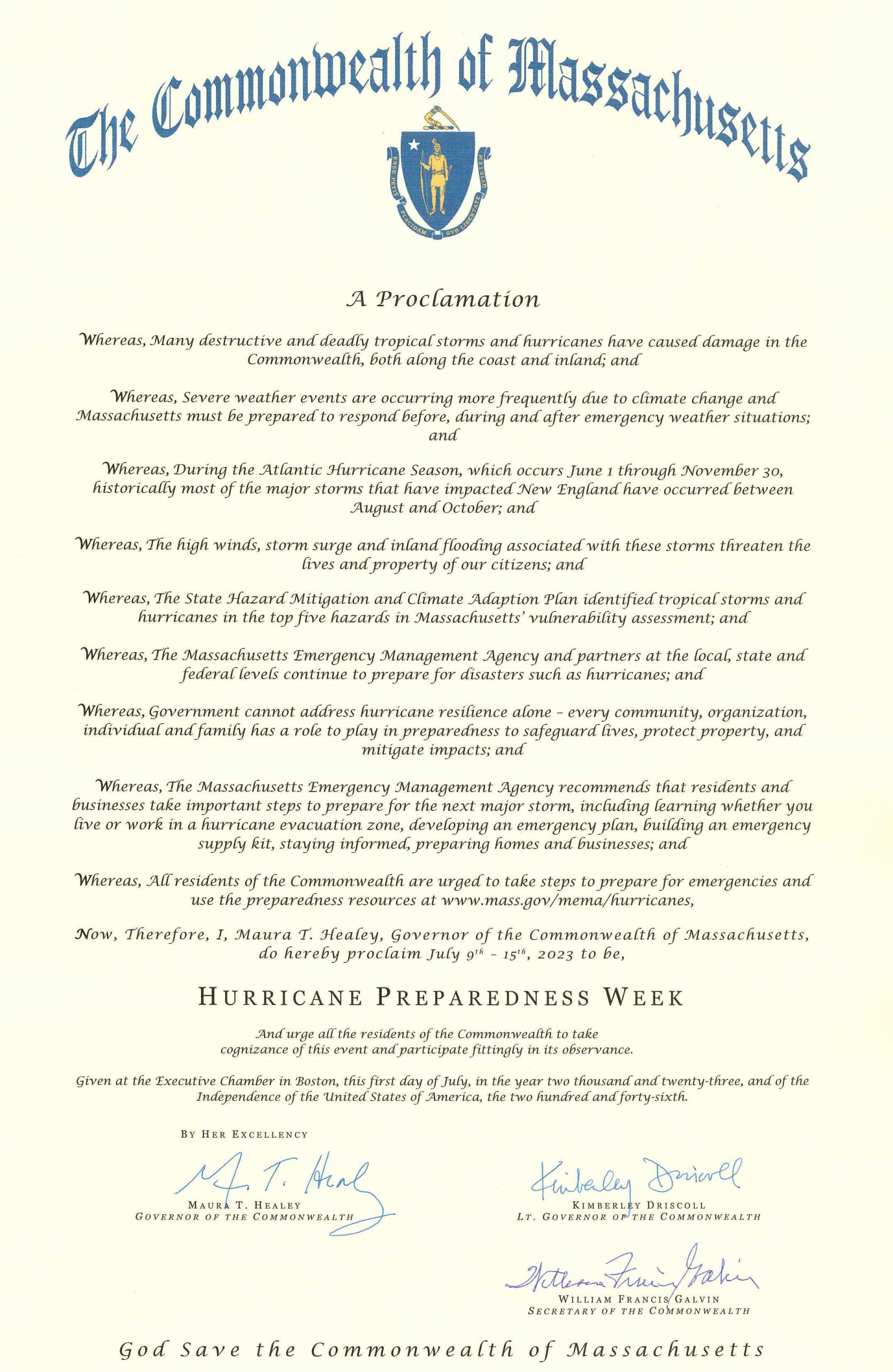 Hurricane Preparedness Week proclamation issued by Governor Maura Healey
