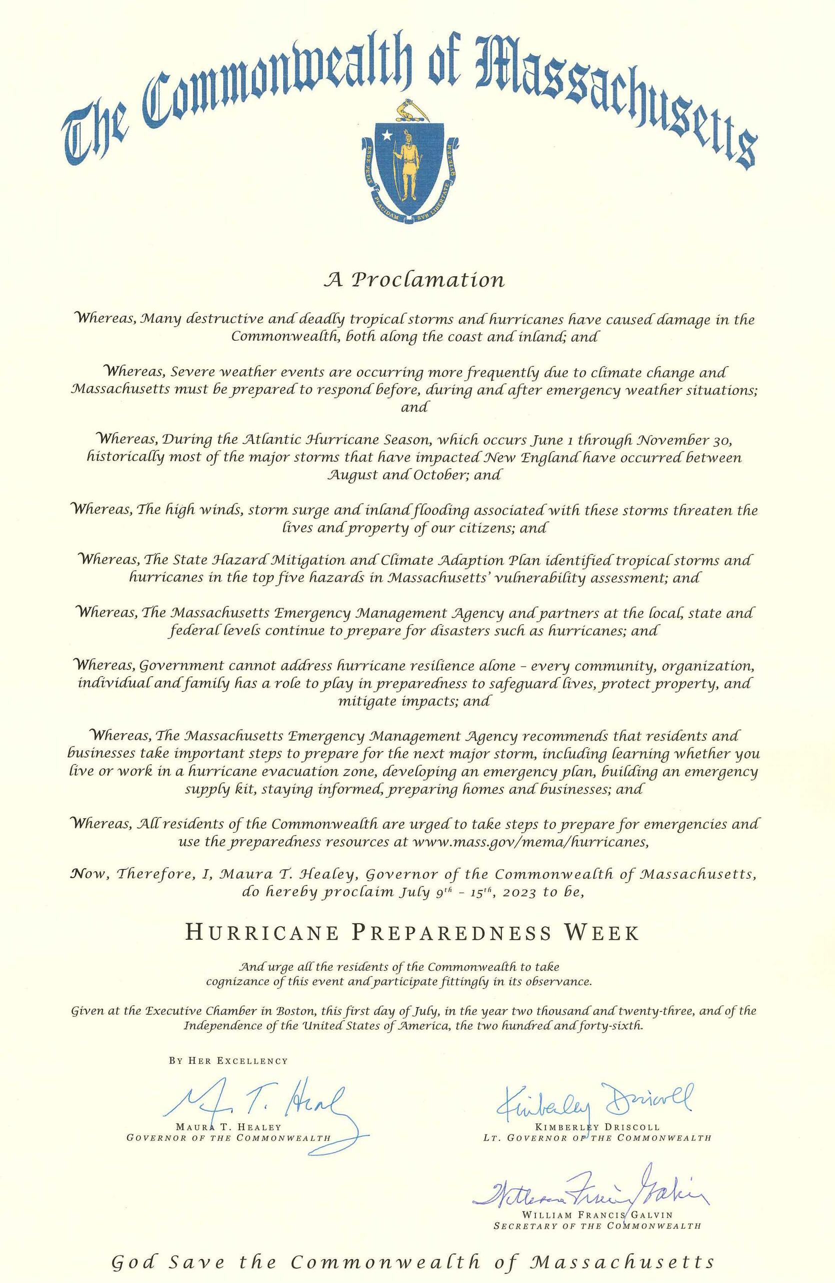 Hurricane Preparedness Week proclamation issued by Governor Maura Healey