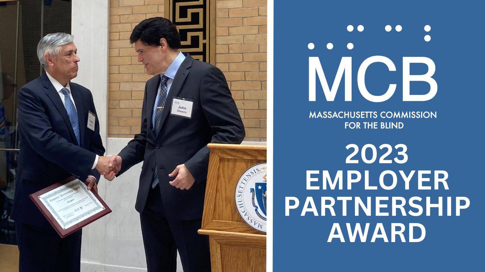 A photo of Draper's Frank Serna shaking hands with MCB Acting Commissioner John Oliveira with the MCB logo and the text 2023 Employer Partnership Award