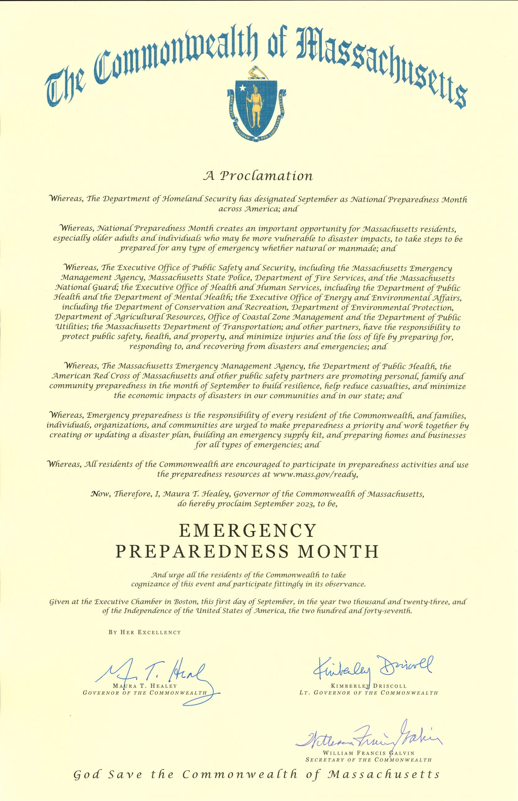 Governor's Proclamation of Emergency Preparedness Month during September 2023