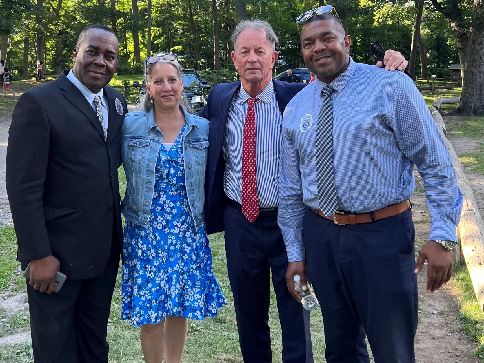 Four people pose for a picture (From left to right: Paul Nwokeji, Dianne Fasano, First Justice Joseph Johnston, and Reginald Vibert)