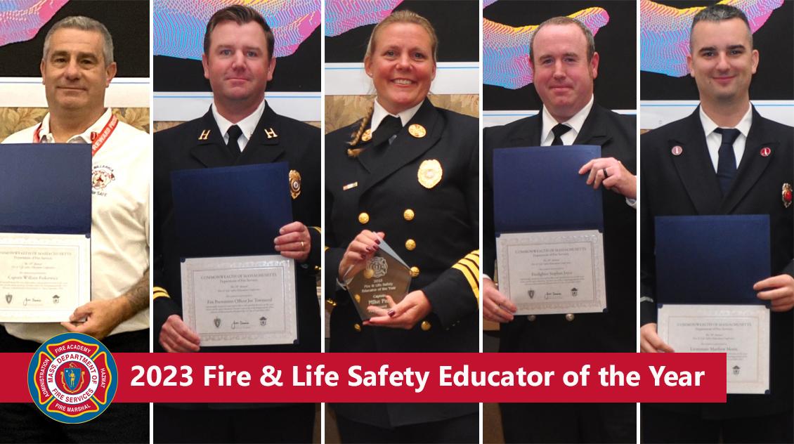 Photographs of firefighters and the words "2023 Fire & Life Safety Educator of the Year"