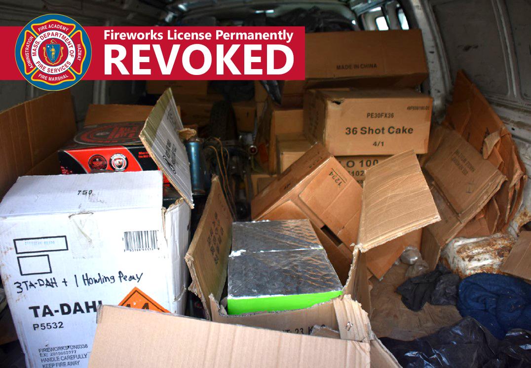 Picture of boxes of fireworks and the words "Fireworks License Permanently Revoked"