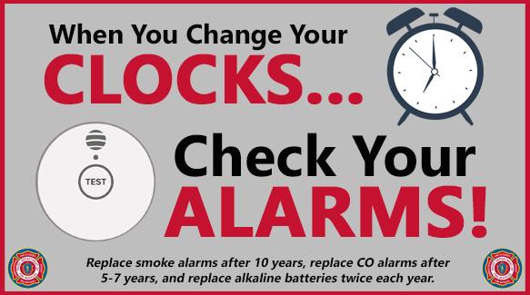 Graphic with pictures of a clock and a smoke alarm, with the words "when you change you clocks, check your alarms"
