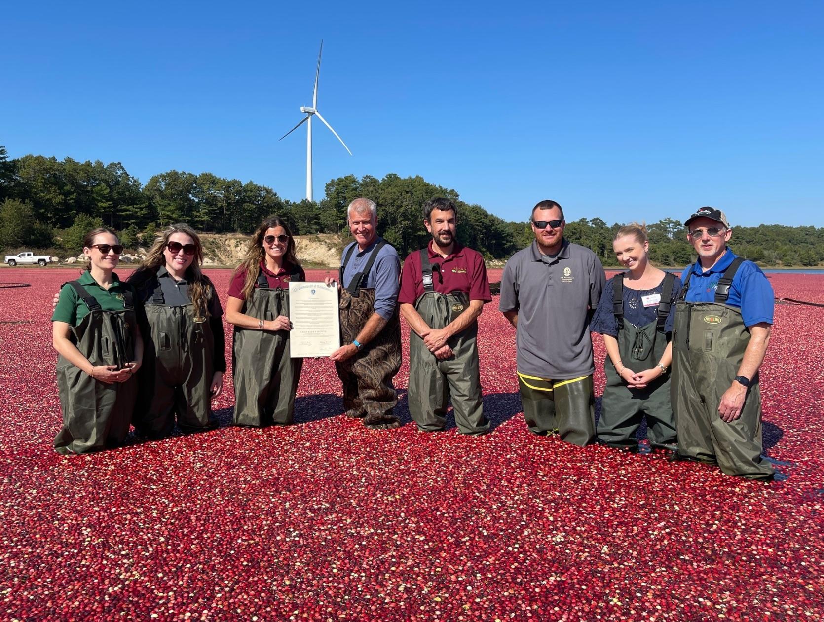 MDAR Commissioner Ashley Randle and staff present a Governor’s Proclamation celebrating Cranberry Month to Keith Mann of Mann Farms and John Mason and Brian Wick of the Cape Cod Cranberry Growers’ Association