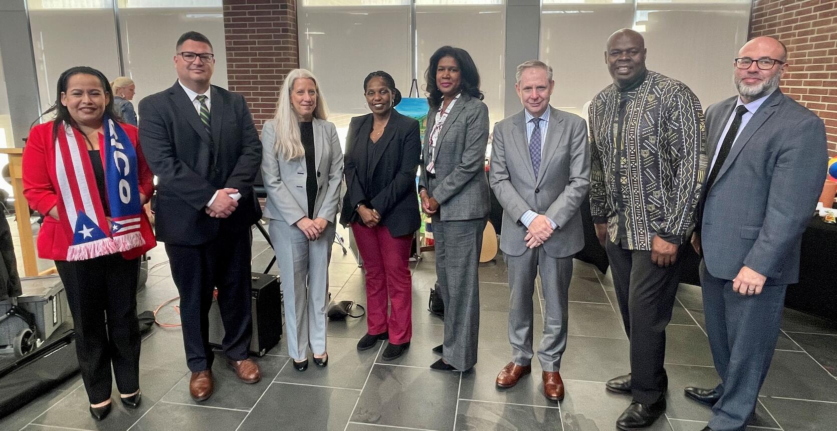 From left to right: Carmen Gomez, Supervisor, Probation Services; Vincent Lorenti, Director, Community Correction; Dianne Fasano, Commissioner Of Probation; Natoschia Scruggs, Chief Access, Diversity, and Fairness Officer; District Court Chief Justice Stacey Fortes, Supreme Judicial Court Justice David Lowy, Pamerson Ifill, Deputy Commissioner Of Probation; and Michael Coelho, Deputy Commissioner Of Probation.