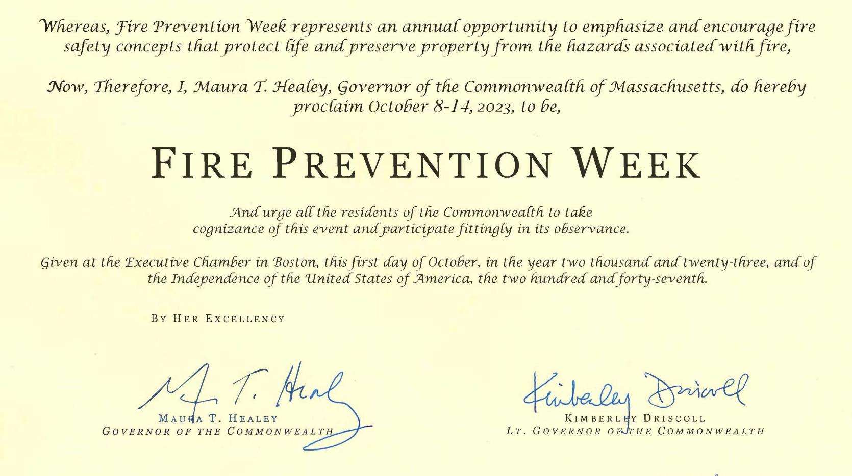 Picture of a proclamation by Gov. Maura Healey declaring Fire Prevention Week in Massachusetts