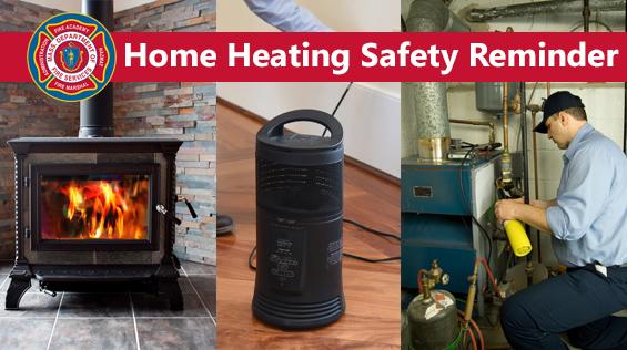 picture of a wood stove, space heater, and furnace with the words "home heating safety reminder"