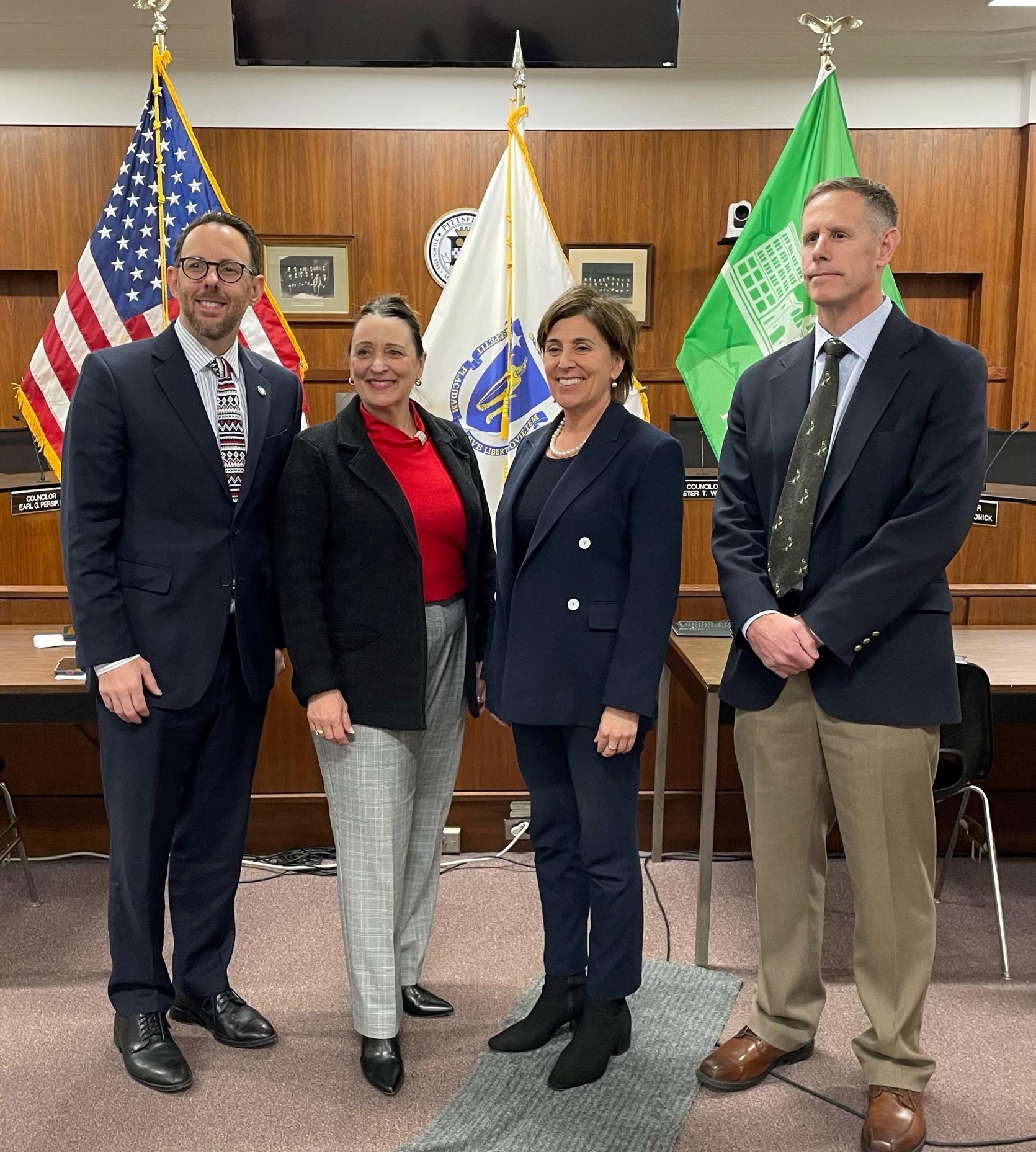 Today, the Healey-Driscoll Administration announced a significant investment in addressing aging dams. From left to right: DCR Commissioner Brian Arrigo, Pittsfield Mayor Linda M. Tyer, EEA Secretary Rebecca Tepper, and DFG Commissioner Tom O’Shea.