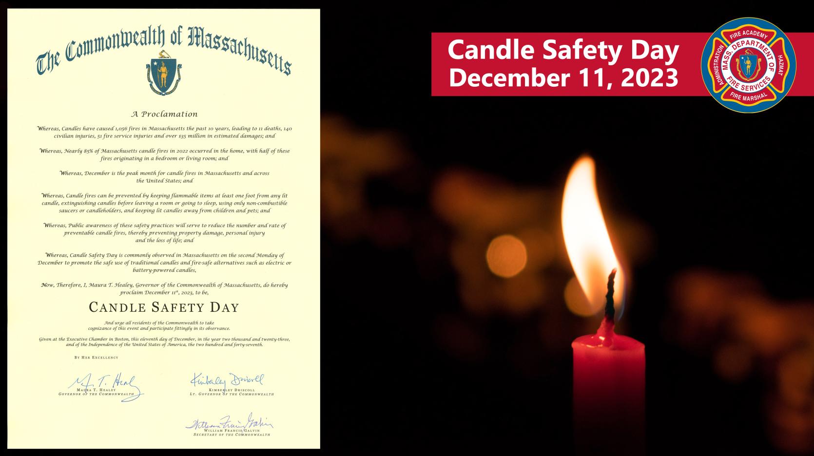 Picture of a candle with the words "candle safety day, december 11, 2023" and an inset of a proclamation from the Governor