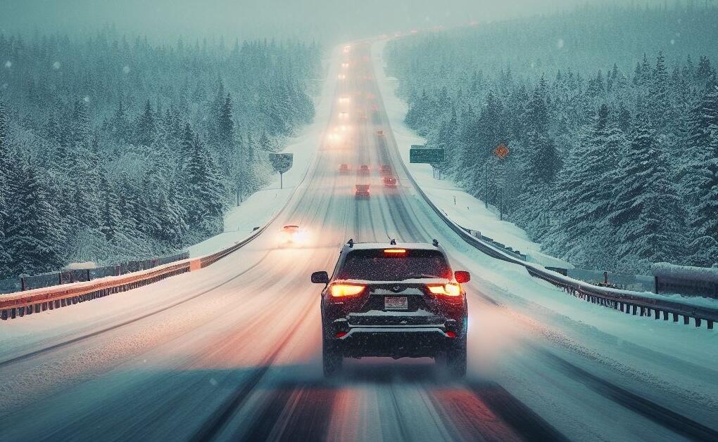 Vehicle driving on a snowy roadway