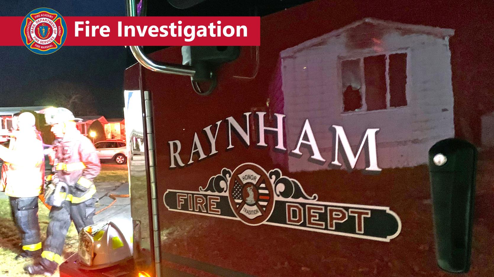 Photo of a Raynham fire engine with the words "fire investigation"