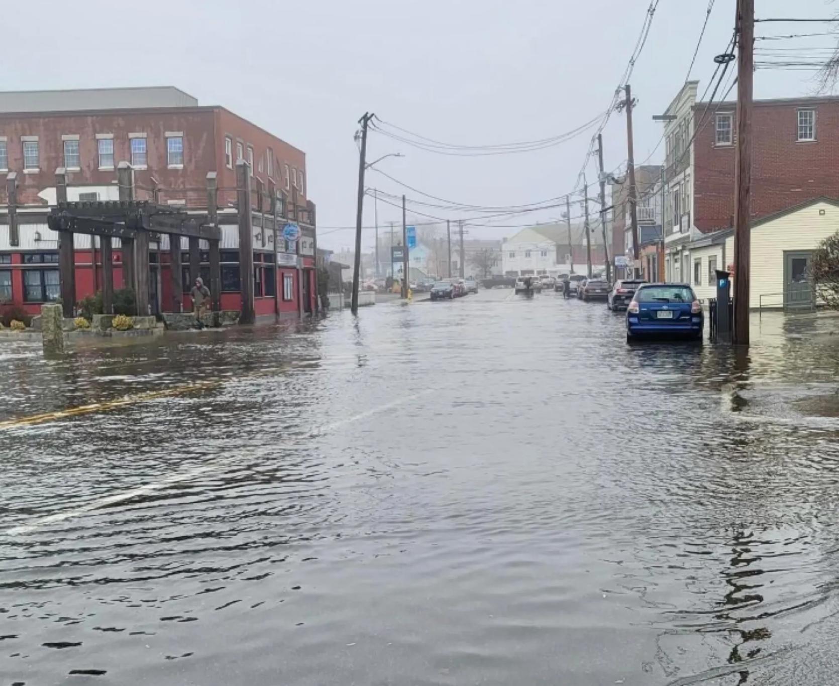 Flooded street in Gloucester, Massachusetts.