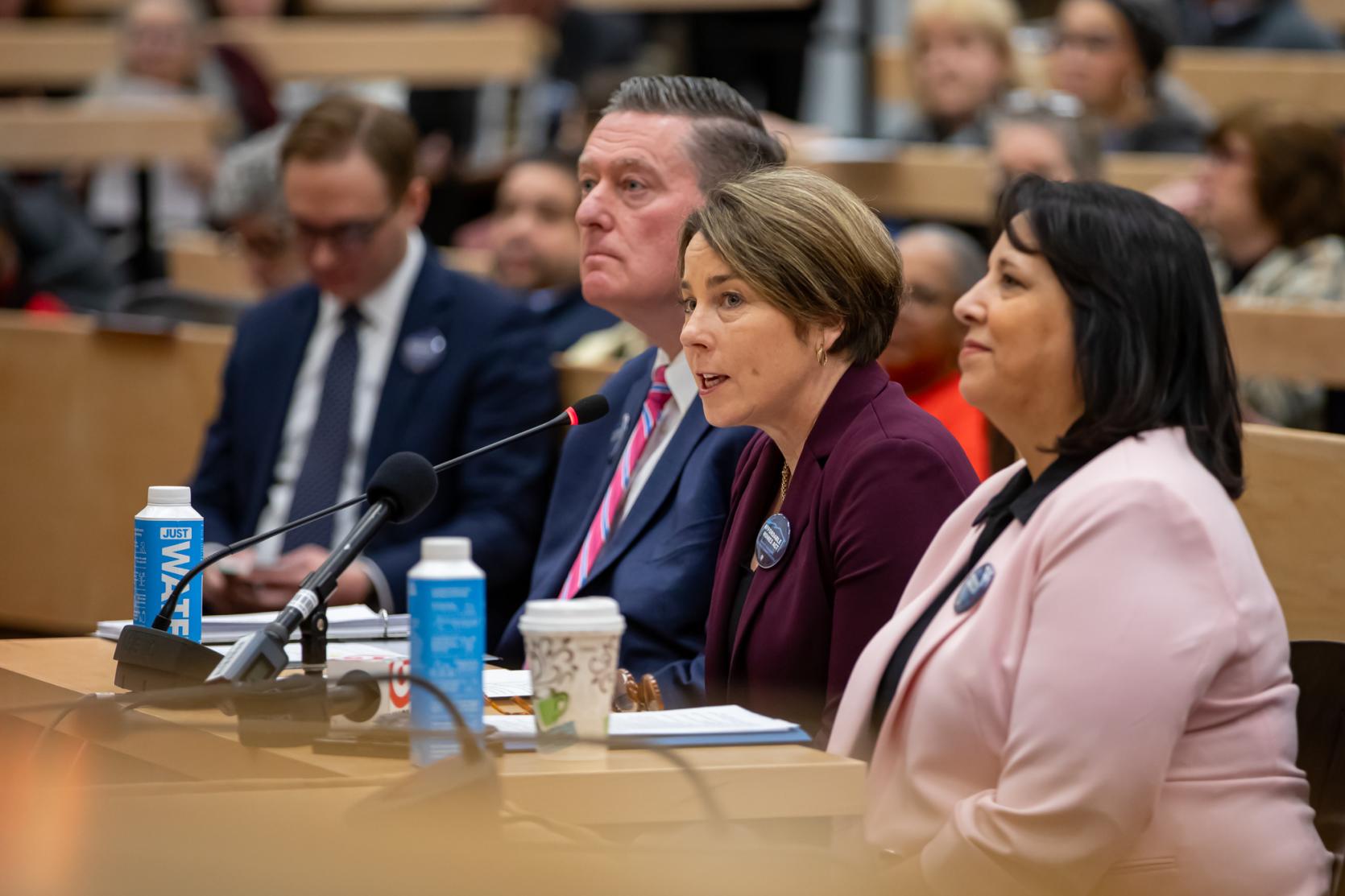 Gov. Maura Healey, Lt. Gov. Kim Driscoll and Secretary of Housing and Livable Communities Ed Augustus testify before the Joint Committee on Housing on Thursday, Jan. 18, 2024.