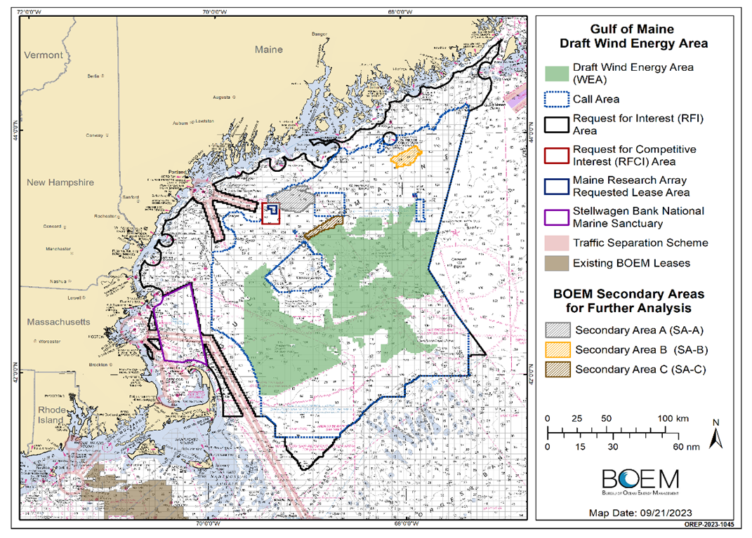 Draft Gulf of Maine WEA (green). BOEM is considering public input on the three secondary areas (colored dashed fill) for further consideration as potential WEAs. 