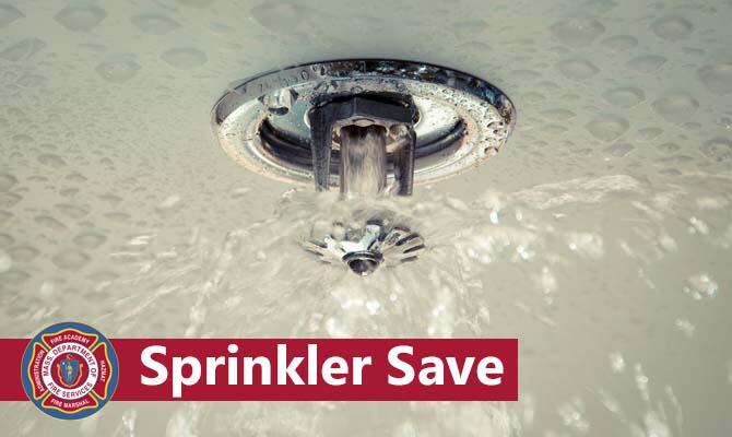 Photo of a sprinkler head releasing water and the words "Sprinkler save"