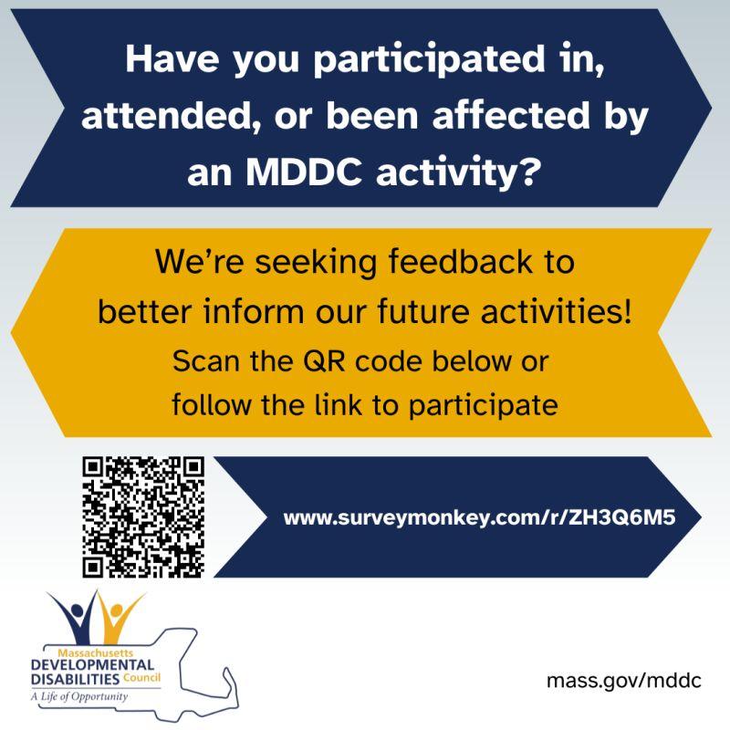 "Have you participated in, attended, or been affected by an MDDC activity? We're seeking feedback to better inform our future activities! Scan the QR code below or follow the link to participate"