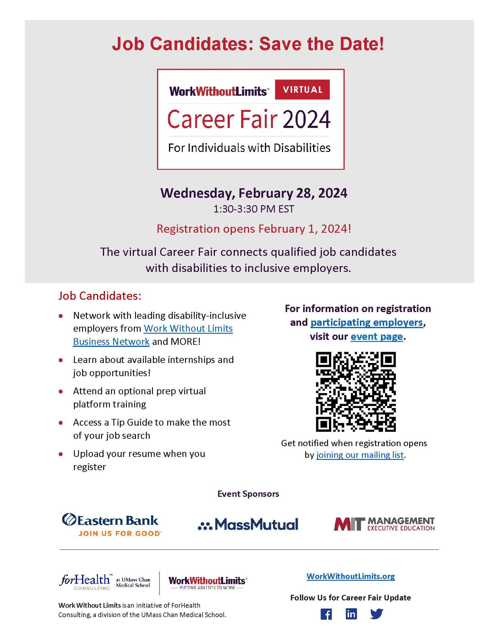 Job candidates register to attend the virtual career fair on February 28 flyer