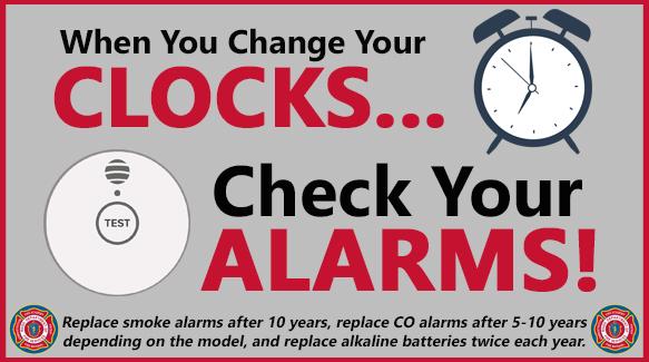 Graphic with a clock and a smoke alarm with the words "when you change your clocks, check your alarms"