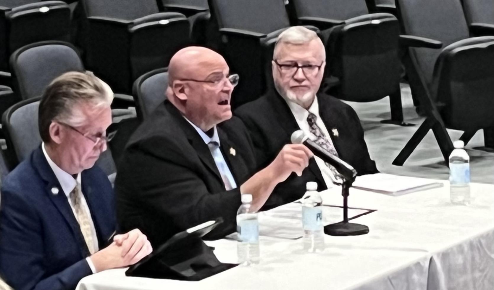 Norfolk County Sheriff Patrick McDermott (left), Hampden County Sheriff Nicholas Cocchi (center), and Hampshire County Sheriff Patrick Cahillane (right) testified at the Joint Ways and Means FY25 Budget Hearing.