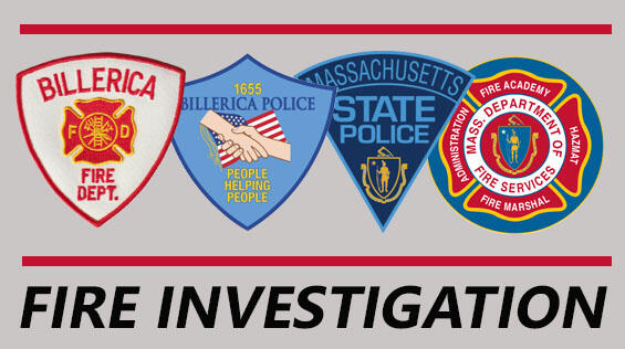 Patches of the Billerica Fire Department, Billerica Police, State Police, and State Fire Marshal's office with the words "Fire investigation"