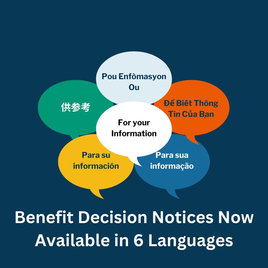 Navy blue square with multi-colored chat bubbles that say "for your information" in various languages, with text that reads, "Benefit Decision Notices Now Available in 6 Languages".