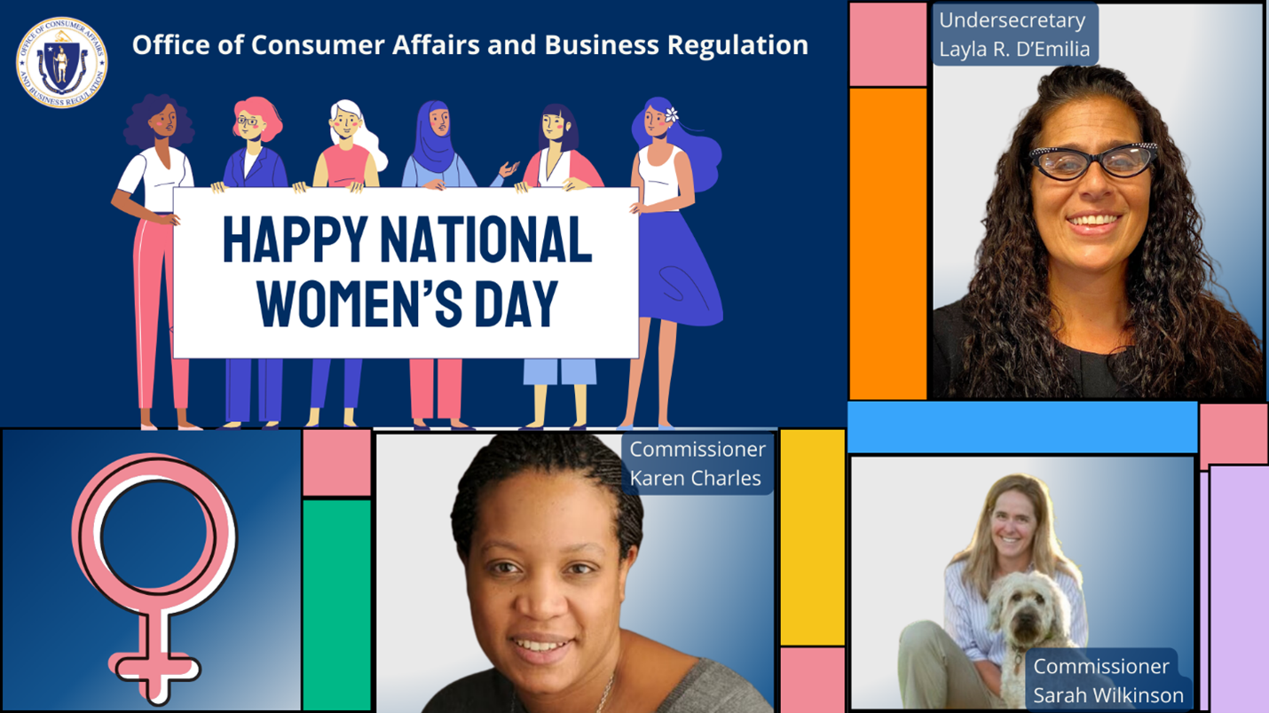 Multi-color graphic with a diverse group of women holding a sign that says, "Happy National Women's Day."