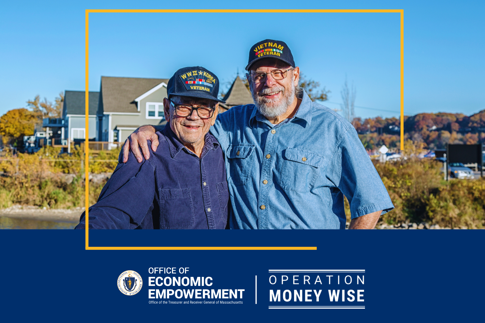 Two smiling veterans. Logos for the Office of Economic Empowerment and Operation Money Wise