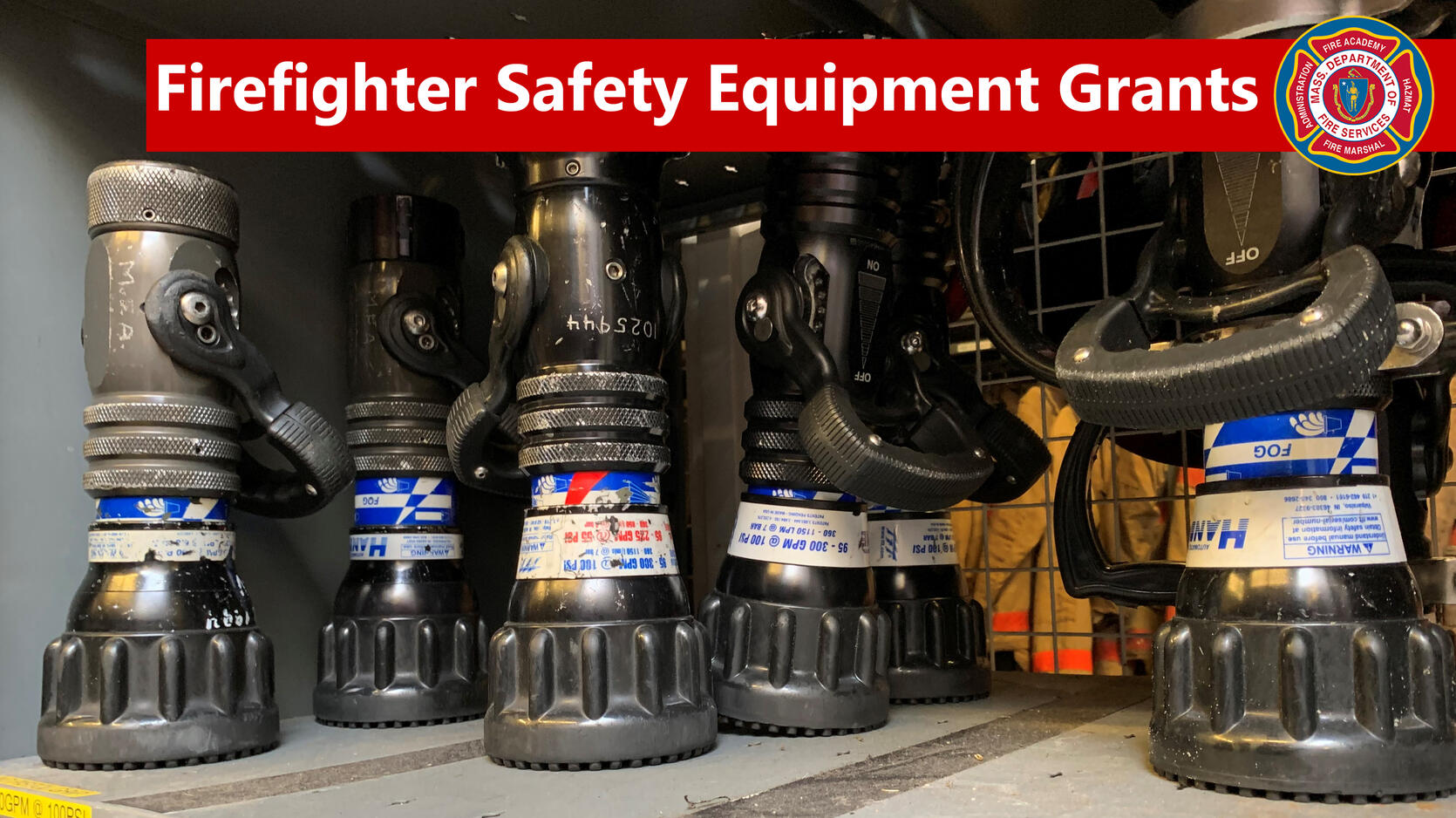 Firehose nozzles on a shelf