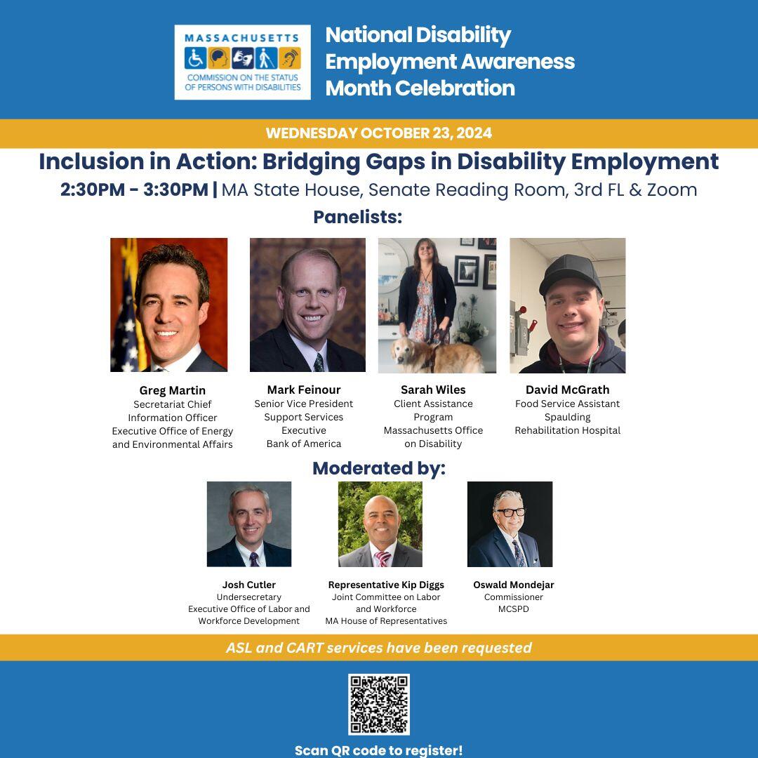 Commission logo alongside photos of panelists and moderators for the Inclusion in Action discussion, with a QR code for registration